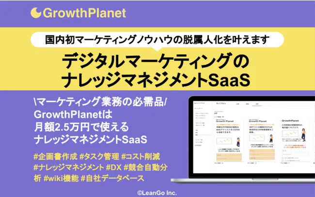 「デジタルマーケティングのナレッジマネジメントSaaS」という新コンセプトを紹介するGrowthPlanetの告知画像