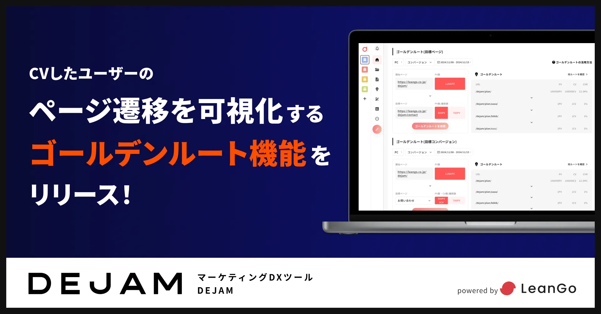 CVしたユーザーのページ遷移を可視化するゴールデンルート機能をリリース| フルファネルマーケティング支援ツール DEJAMを運営するLeanGo