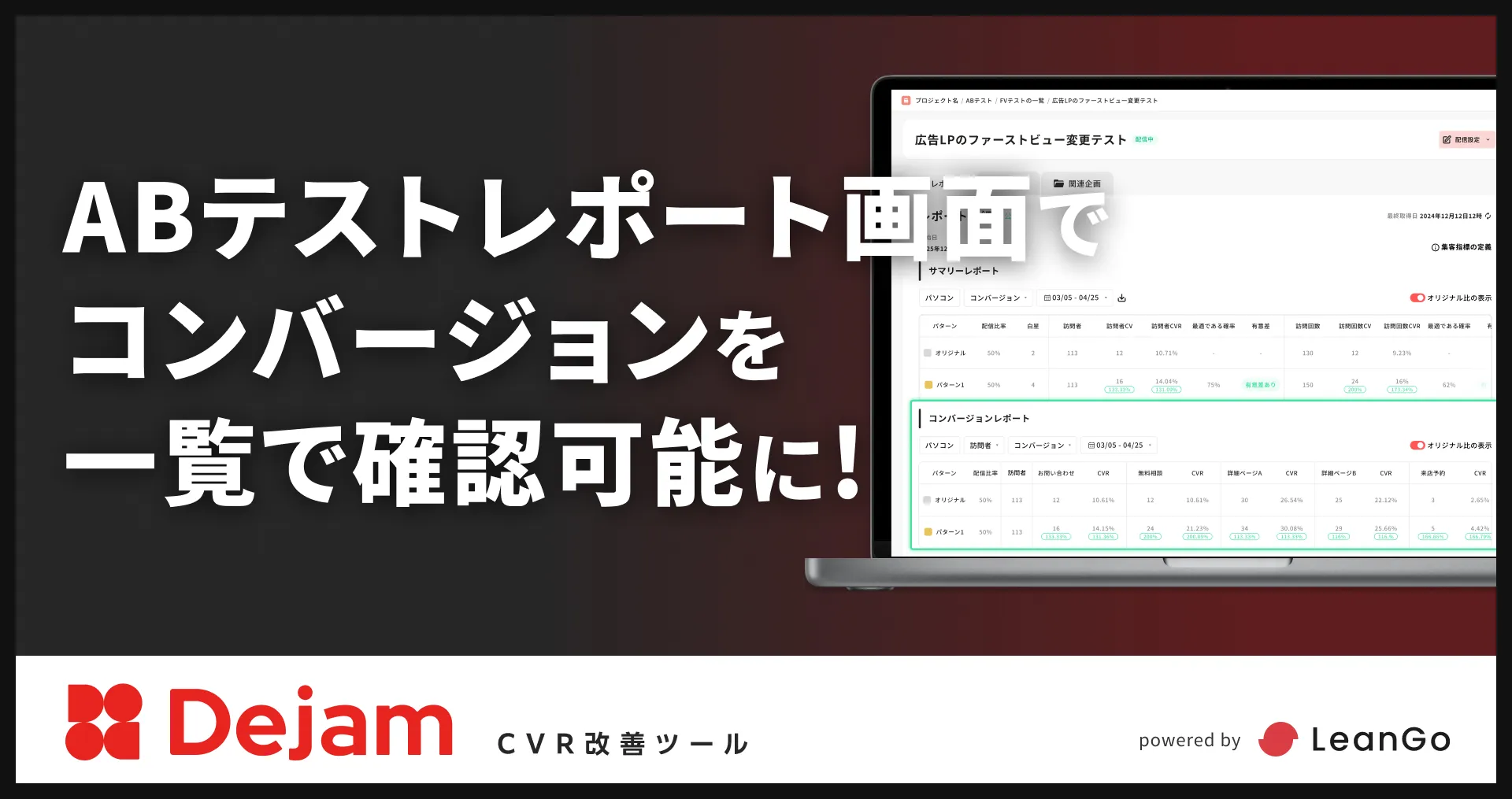 ABテストレポート画面でコンバージョンを一覧で確認可能に！ | CVR改善ツールならDejam