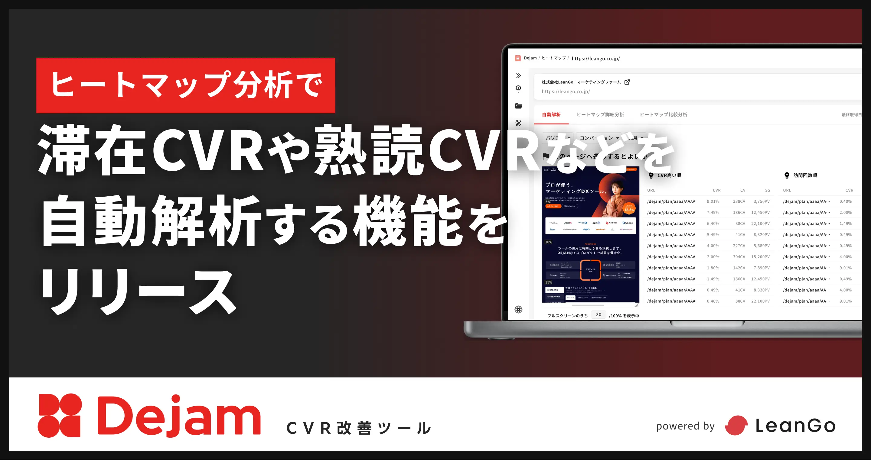 ヒートマップ分析で滞在CVRや熟読CVRなどを自動解析する機能をリリース｜CVR改善ツールならDejam