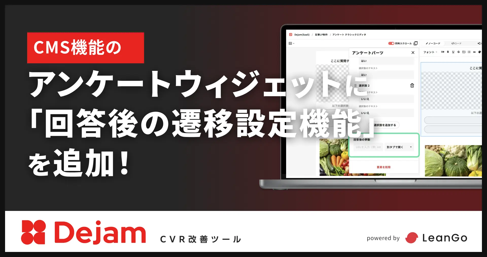 CMS機能のアンケートウィジェットに「回答後の遷移設定機能」を追加！｜CVR改善ツールならDejam