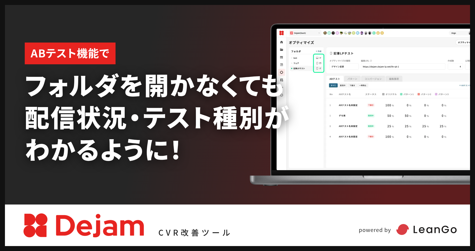 ABテストフォルダ一覧に『配信状況ドット』と『テスト種別アイコン』を追加！｜CVR改善ツールならDejam